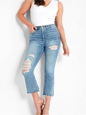 Express Women’s Cropped Flare High-Rise Distressed Blue Jeans Size 12L